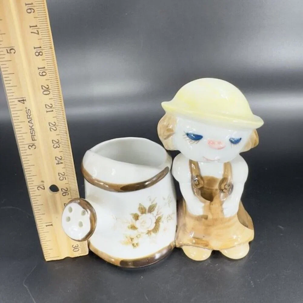 Vintage Whimsical Ceramic Girl With Watering Can Planter‎ Flower Vase Porcelain